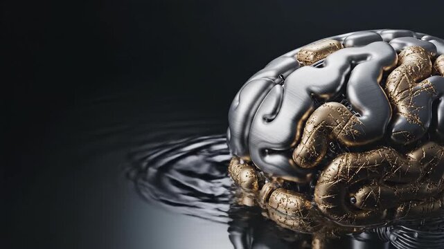 Metallic brain model with gold and silver texture resting on water surface. Artificial intelligence concept visualization in 3d render. Neurology research data