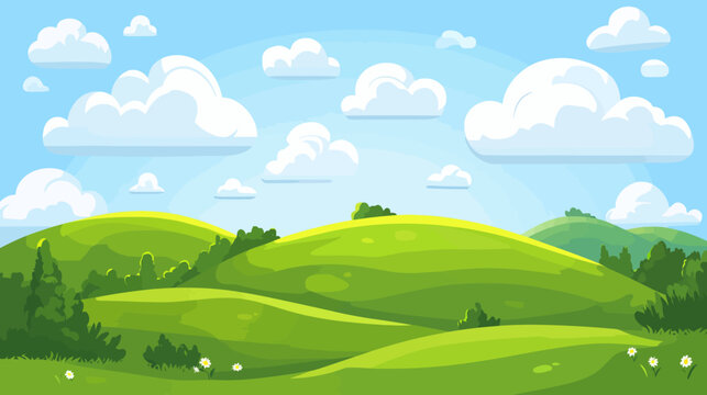 Rolling green hills meet a clear blue sky in a minimalist digital landscape with stylized trees, white daisies, and soft cloud shapes. Defects No defects found