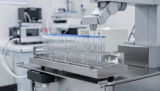 Medium shot of an autosampler tray loading polymer samples into an analytical system highlighting automated workflow in molecular weight characterization.