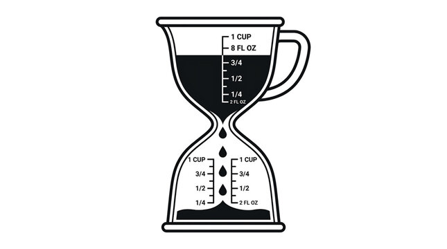 Hourglass with Measuring Cup Design Showing Liquid Levels and Measurement Markings Featuring Time, Sand, Black with White and Vector Elements