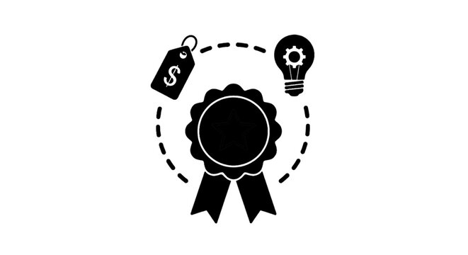 Minimal black silhouette icon, simple flat vector, bold black shape, no, no shading value proposition and quality icon on a, flat icon style