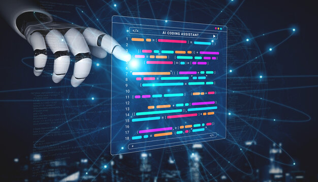 A robotic hand interacts with a digital interface showcasing colorful programming code in a futuristic cyber environment, highlighting the role of AI in coding and software development. Cyphers