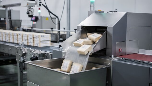 Medium shot focusing on a reject chute where defective packages are sorted out after machine vision detects labeling inaccuracies in an automated quality control setup.