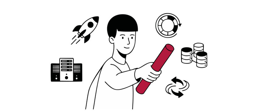 Business handoff relay baton illustration showing tech project handover and data migration concept with server database and rocket launch icons in minimalist line art style on clean white background.