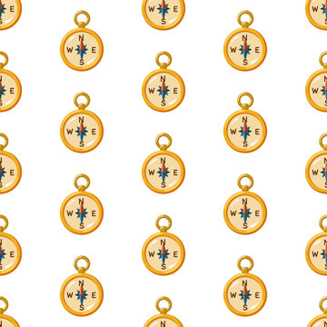 Seamless cartoon pattern with vintage compasses on white background. Cartoon vector print.