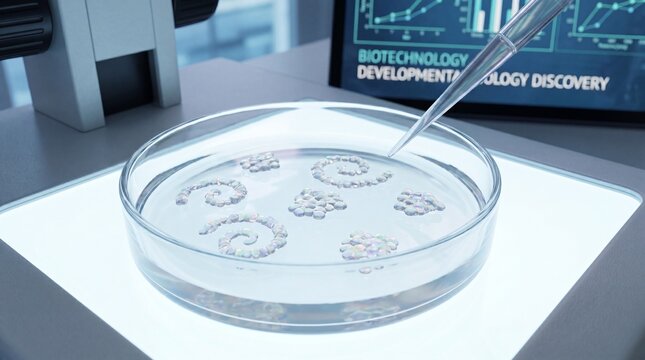 Lab scientist uses pipette to manipulate cell cultures in a petri dish under a microscope with biotech development data on screen.