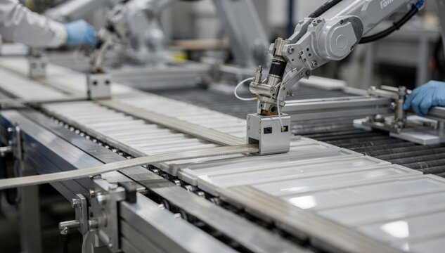 Midstream view capturing assembly line station where laminated strips are carefully inserted into molded cassette panels showcasing industrial precision.