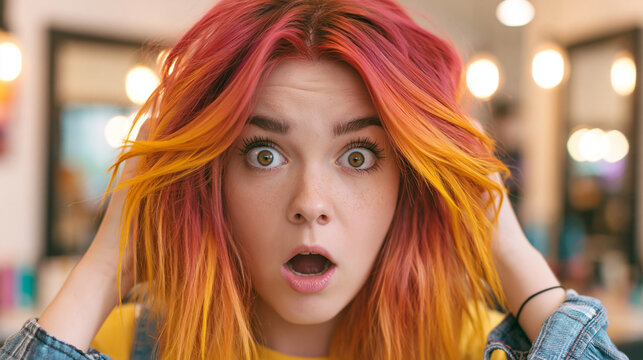 Portrait en gros plan d'une jeune femme choqu&eacute;e et surprise tenant ses cheveux teints en rose et orange vif dans un salon de coiffure