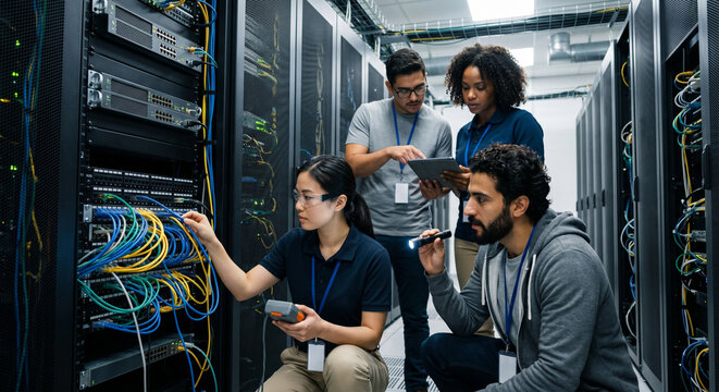 Diverse IT engineers cooperating to troubleshoot hardware in modern server room.
