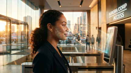 Fototapeta premium A close-up of a person facial profile being scanned by a subtle, clean abstract mesh of glowing digital light points, sleek modern corporate security entrance background, futuristic access control
