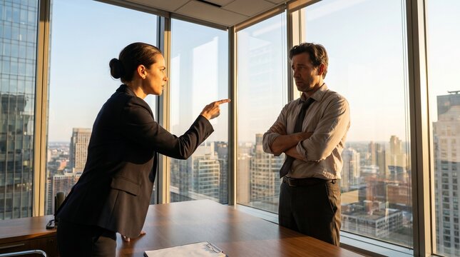Stern female executive pointing aggressively at a stressed male employee in a corporate office