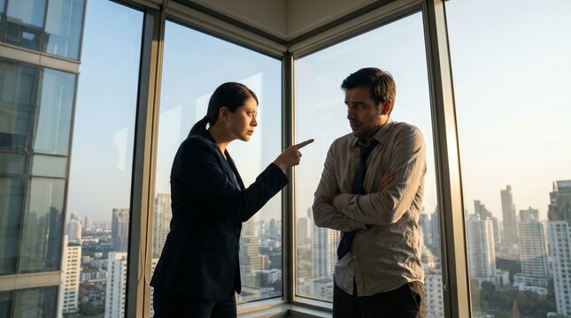 Angry female boss reprimanding and pointing at a frustrated male worker by the window