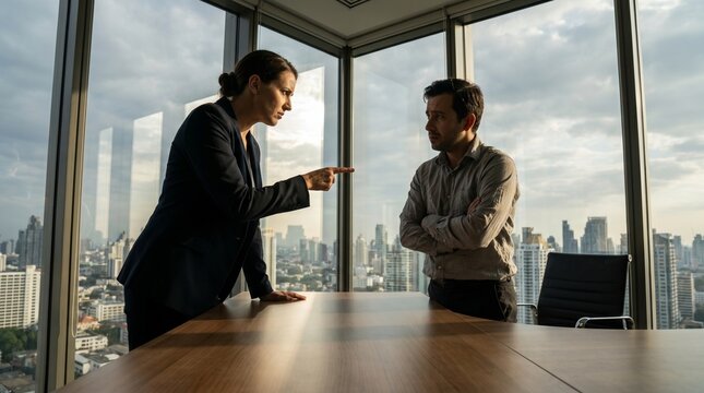 Furious female manager scolding a defensive male employee in a modern office boardroom