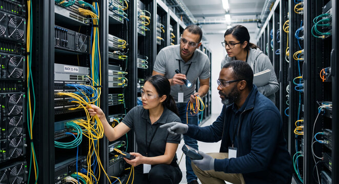 Diverse IT engineers cooperating to troubleshoot hardware in modern server room.