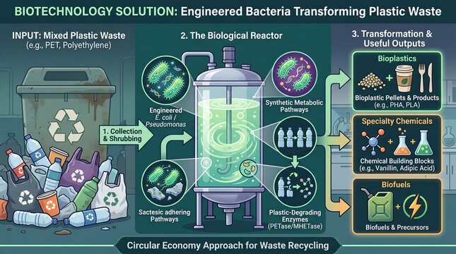 Diagram illustrating engineered bacteria breaking down mixed plastic waste into bioplastics, specialty chemicals, and biofuels through a biological reactor for circular waste recycling.