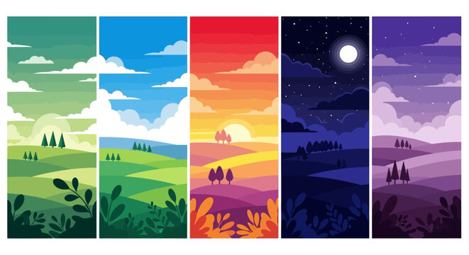 Sunset, sunrise, landscape, vector, colorful, nature scenes, sky backgrounds