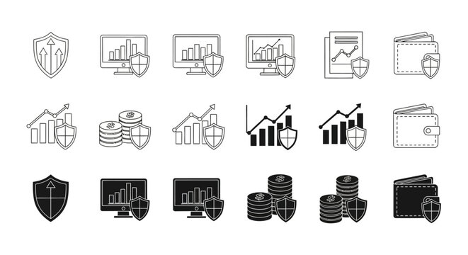 Business icons, finance symbols, security logos, 20 black and gray graphics
