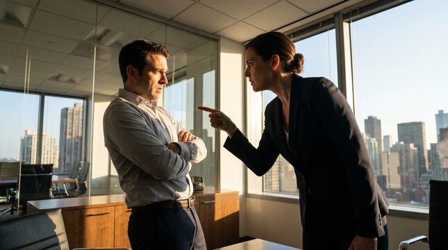 Angry female boss pointing a finger at a defensive male employee in a sunny corporate office