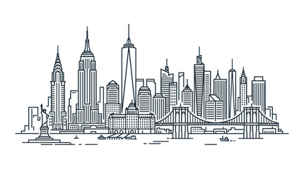 Fototapeta premium New York City Skyline Outline Illustration with Brooklyn Bridge and Statue of Liberty