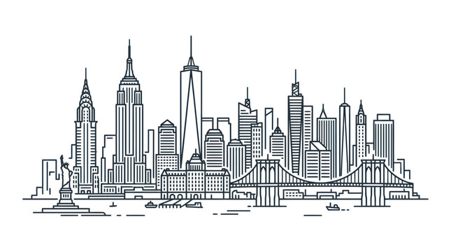 New York City Skyline Outline Illustration with Brooklyn Bridge and Statue of Liberty