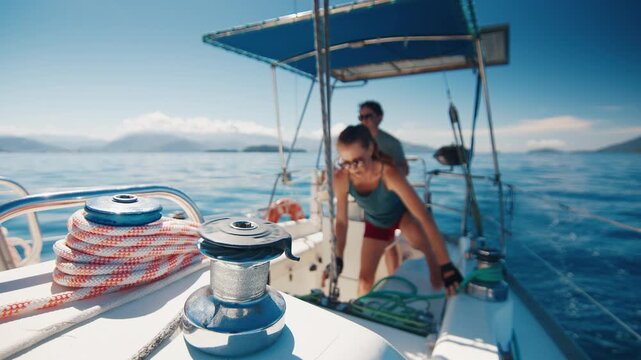 Sailing in the smooth sea during sunny day. Man and woman sail the small sailing boat in the region of the island of Ilha Grande in Brazil