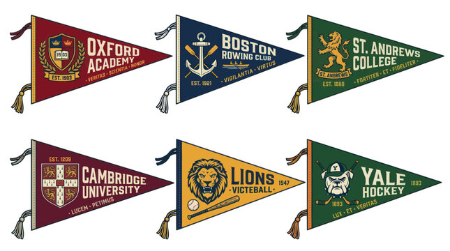 Vintage Pennants: Oxford, Cambridge, Boston Rowing, St. Andrews, Lions, Yale Hockey