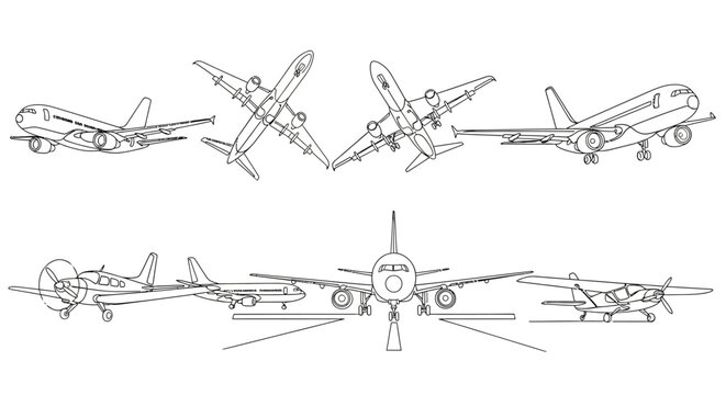 Airplane, aircraft, plane, illustration, set, vector graphics, five different views