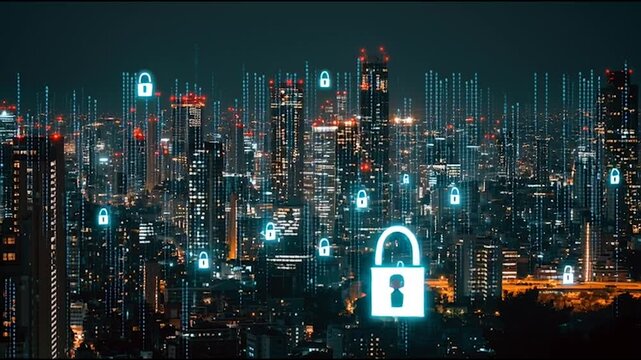 abstract cloud social media innovative cyber security network, using interconnected nodes to represent business partnerships on the Smart digital Innovation city with connection network reciprocity ov