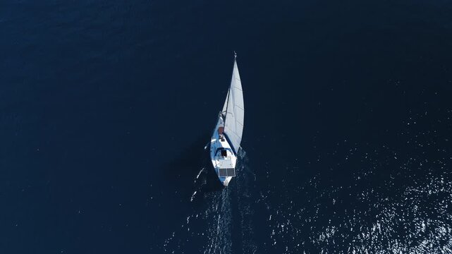 Aerial view of the sailing boat sailing in the sea near the islands close to the town of Paraty and Angra dos Reis in Brazil