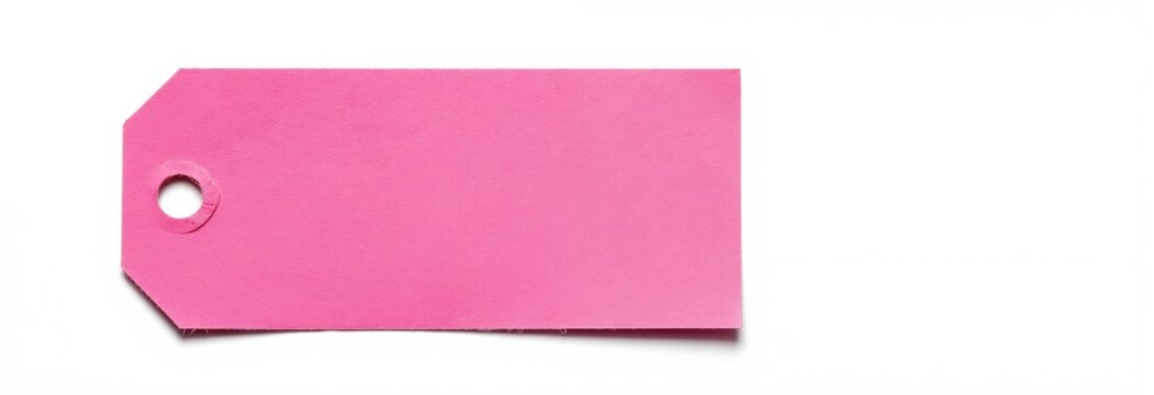 Frayed pink paper tag. Blank label has irregular torn edges. Simple clean object isolated on white background. Minimal design element for tags and labels.