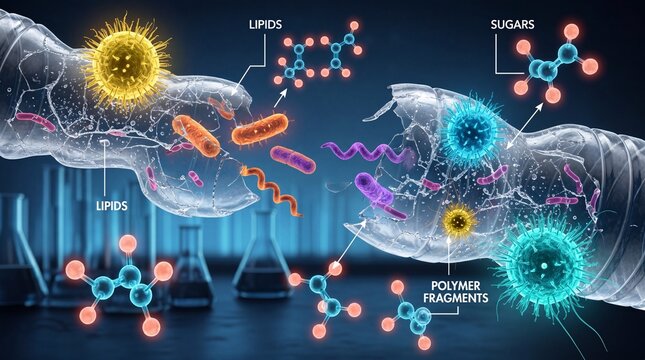 A digital illustration showing microscopic interactions between lipids, sugars, and polymer fragments with bacteria and viruses within a laboratory setting.