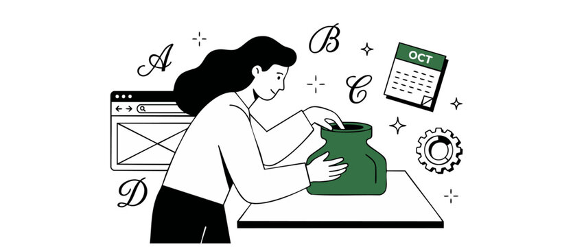 SEO strategist woman planning content design with editorial calendar, web development icons, and creative writing letters in flat vector outline style illustration. Business organization concept.