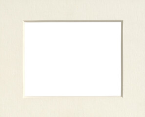 Vintage cream cardboard passepartout isolated on transparent background (png). Antique mat board frame template with realistic beveled edge and empty cutout center for art gallery poster mockup.