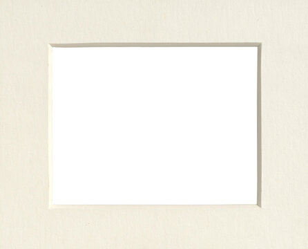 Vintage cream cardboard passepartout isolate on transparent background (png). Antique mat board frame template with realistic beveled edge and empty cutout center for art gallery poster mockup.