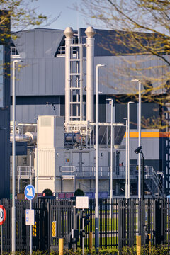 Middenmeer, Netherlands - 14 April 2026: View of the Microsoft Datacenter Western Europe at Agriport showing emergency backup diesel powerplants and tall exhaust stacks.