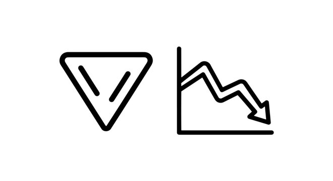 Triangle alert and downward trend graph icons with triangle business economics graphical