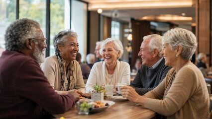 Fototapeta na wymiar Diverse group of happy senior citizens laughing and enjoying a meal together while sitting around a wooden table in a bright cafe.