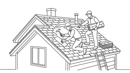 Naklejka premium Continuous line drawing of roofers installing shingles on a residential house