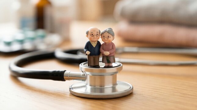 Elderly man with a cane and an older woman stand on the chest piece of a stethoscope, symbolizing geriatric medicine and health monitoring.