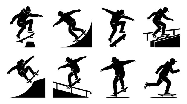 Black silhouettes of skateboarders performing tricks.