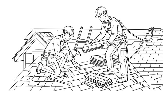 Roofing Construction Workers Installing Shingles Line Art Illustration