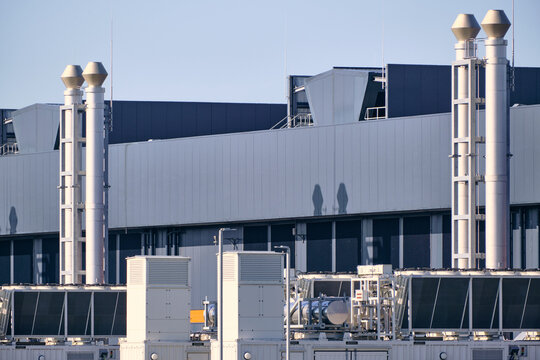 Middenmeer, Netherlands - 14 April 2026: View of Microsoft Datacenter Western Europe at Agriport with emergency backup diesel powerplants and industrial exhaust stacks.