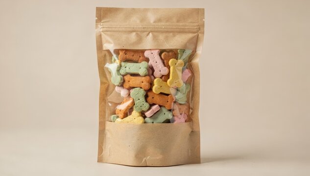 Medium shot of a pet treats kraft paper bag with a laminated clear window displaying colorful dog biscuits emphasizing ecofriendly and attractive packaging.