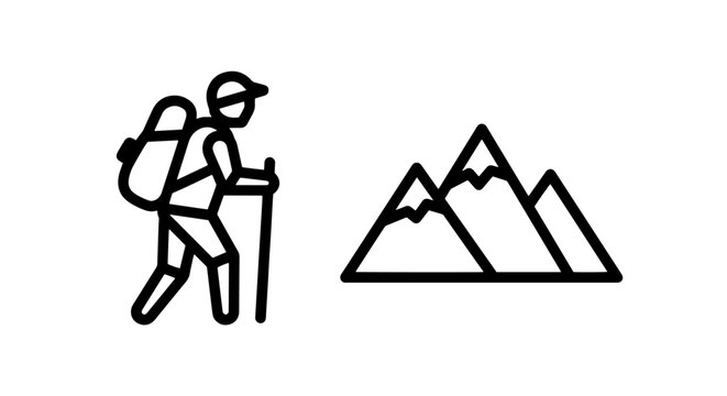 Mountain hiking and mountaineering outline icons with mountains trekking mountaineering climbing