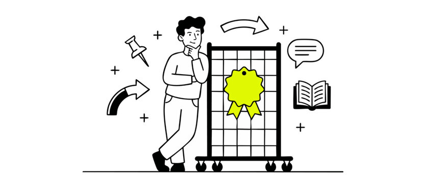 Quality assurance business management concept: thinking man with badge on display grid, presenting success standard, certification accomplishment, and strategic educational learning. Vector illustrati