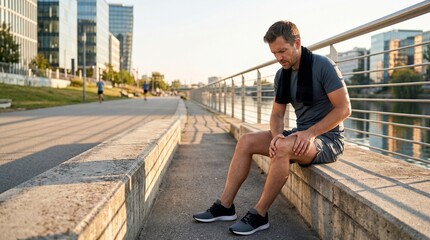 Fototapeta premium Urban Jogger Pressing Knee On Riverside Route After Exercise Session