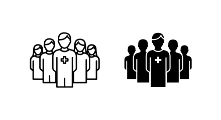 Obraz premium Medical team staff silhouettes and outline icons with doctor leader in center healthcare hospital