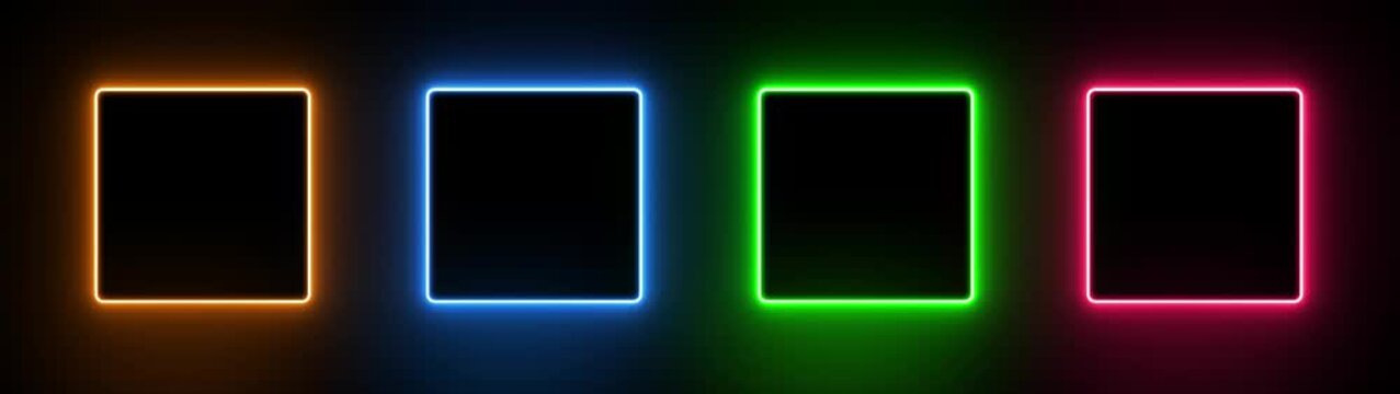 Gradient neon square frames set. Glowing borders isolated on a dark background. Colorful night banner, vector light effect.Motion graphics of rectangle frame