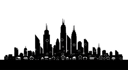 Obraz premium Minimal black silhouette icon, simple flat vector, bold black shape, no, no shading city skyline silhouette with network connection nodes on a, flat icon style