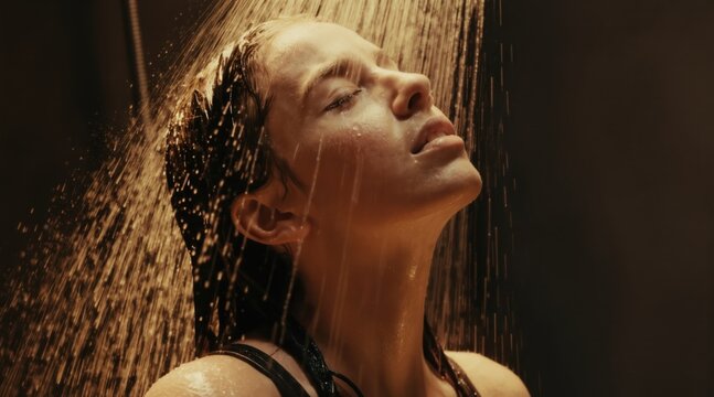 Woman closes eyes head tilted back under shower water stream. Face wet skin. Close up of person enjoying warm water cleansing. Refreshing moment outdoors.